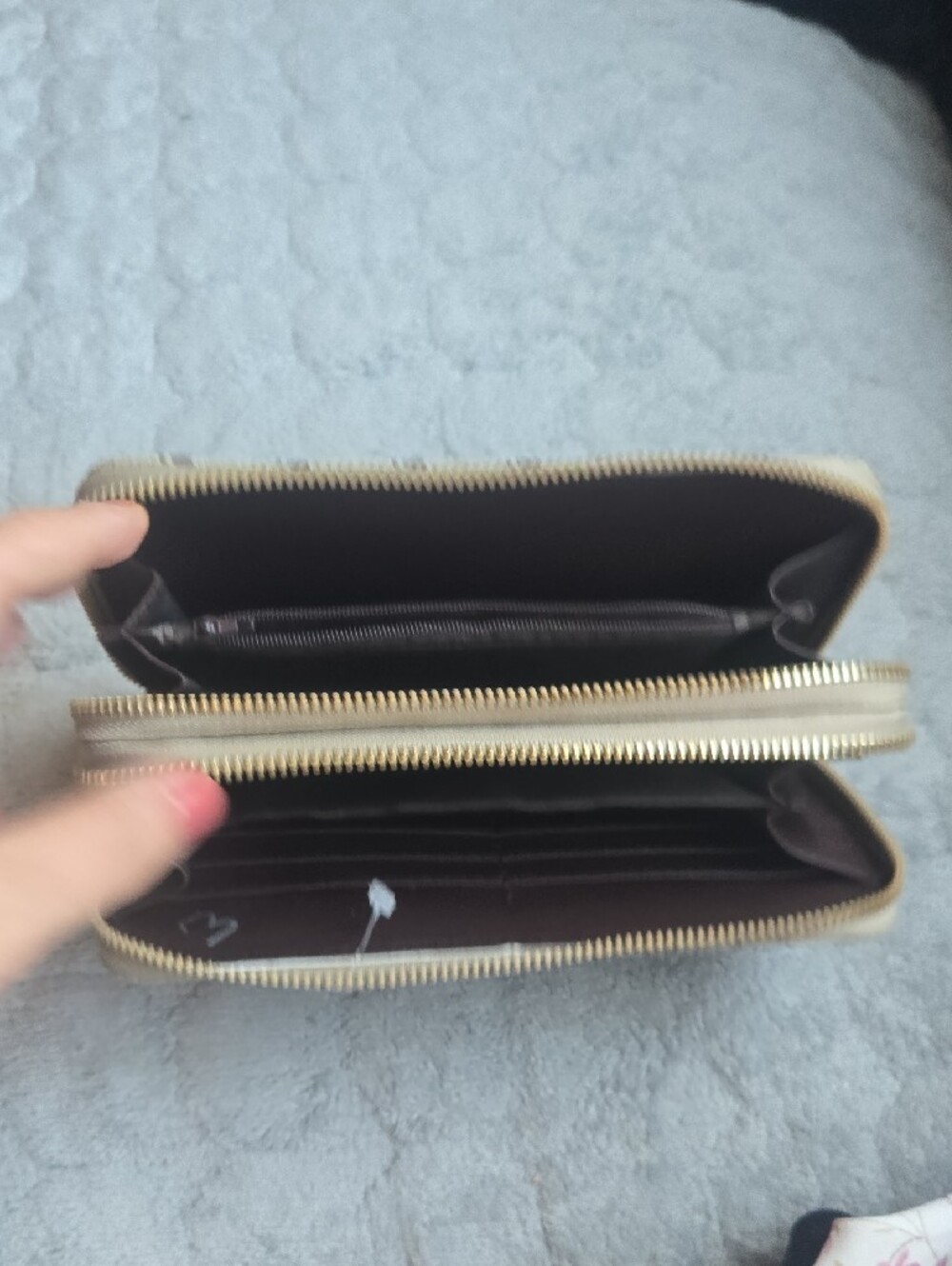 Beige Patterned Zip-Around Wallet with Gold Bee Accent - Picture 5 of 5